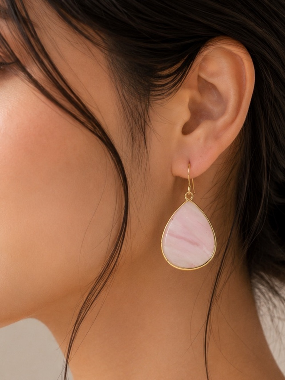 Pink Stone Teardrop Gold Tone Boho Chic Dangle Earrings